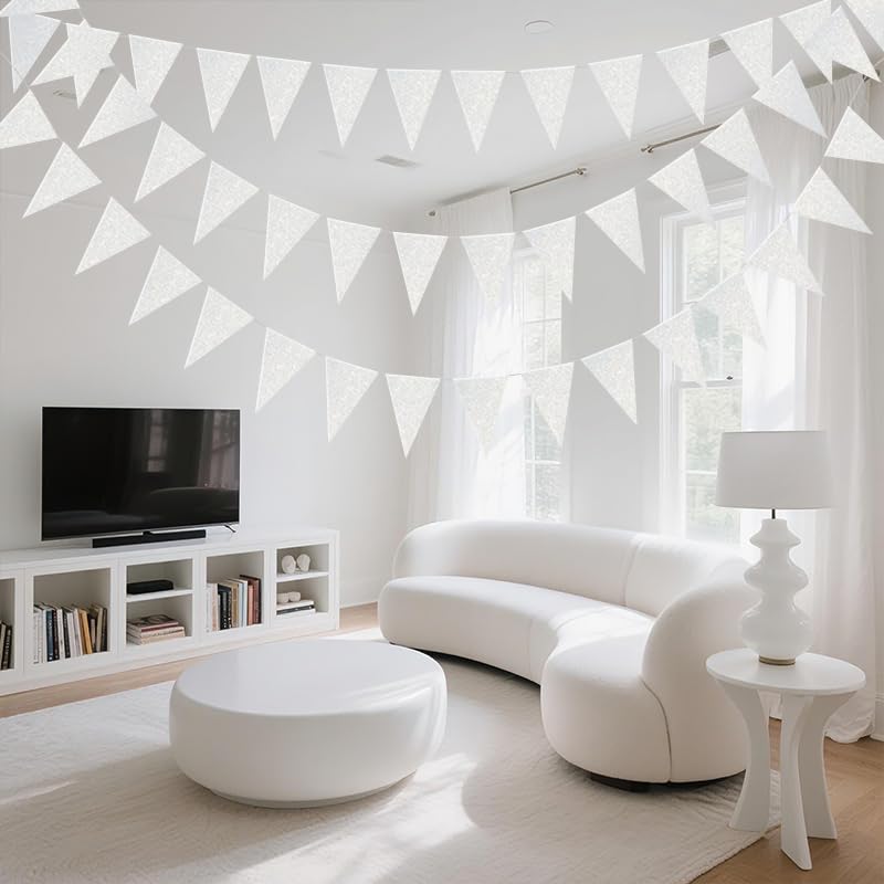 Image of White Hanging Triangle Flag Pennant Garland White Hanging Paper Pennant Streamer Paper Triangle Flag Bunting Banner for Graduation Wedding Engagement Birthday Party Decorations 30 Feet
