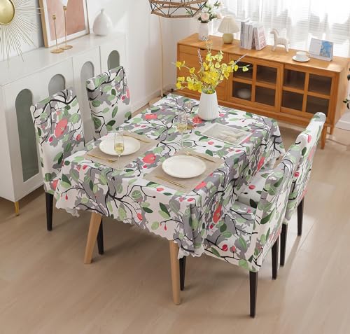 House of Quirk Dining Table Cover Waterproof with 4 Chair Covers for Kitchen Dining Table Cloth Dust and Oil Repellent (Leaf Pink Flower, 1 Table Cover + 4 Chair Cover)Polyester,Rectangular