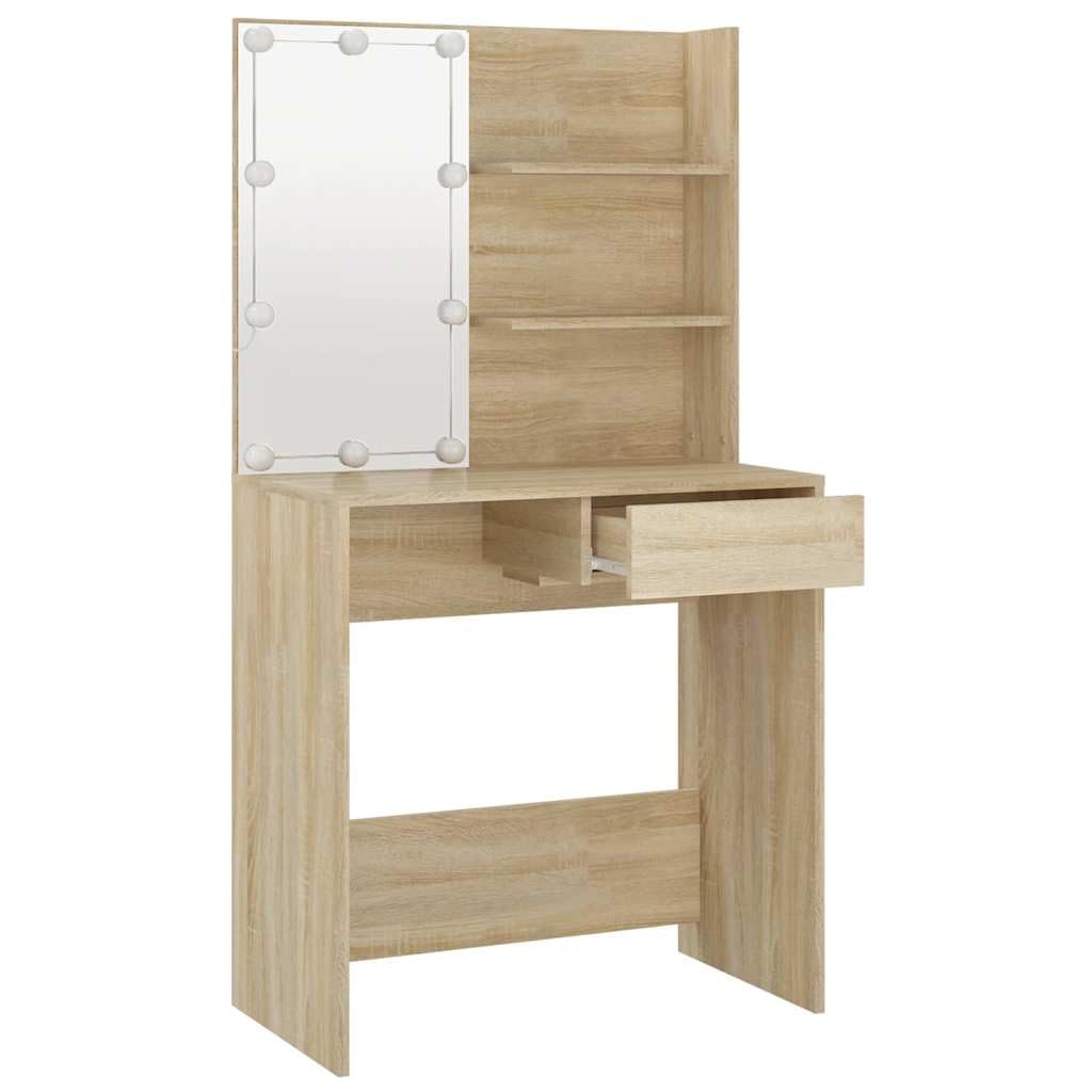 Toaletka z diodami LED dąb Sonoma 74,5 x 40 x 141 cm, materiał drewnopochodny z szufladą i półkami, toaletka z lustrem, oświetlenie LED, miejsce do przechowywania do sypialni i łazienki