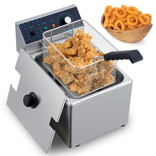 GarveeHome Electric Deep Fryer Stainless Steel with Basket, 8L/8.45QT Countertop Fryers, 1600W Single Tank Electric Fryer for Kitchen, Restaurant and Commercial Use, Temperature Adjustable 140-392℉
