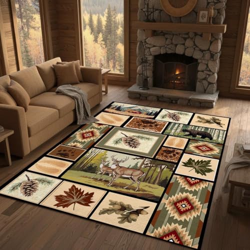Rustic Fishing Cabin Rug 3x5 ft, Lodge Decor Bear, Fish,