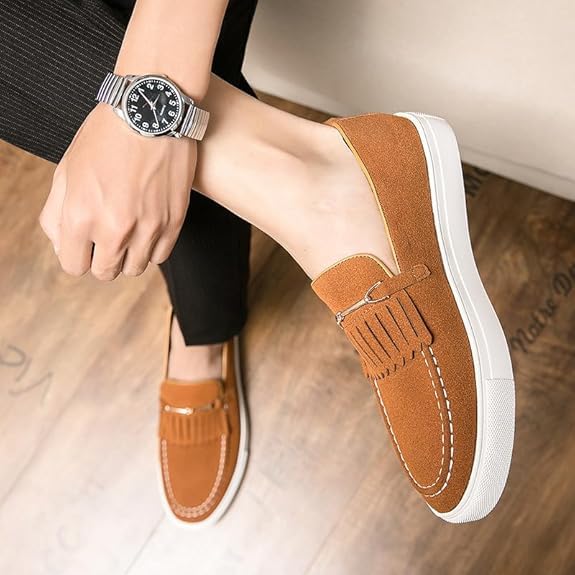 Men's Suede Comfort Flat Casual Tassel Loafers Lightweight Non-Slip Metal Decoration Platform Slip-on Fashion Walking Sneakers for Work Driving4