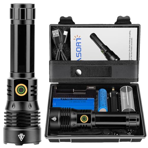 ASORT Taschenlampe Led Extrem Hell 500000 Lumen, Superhell Zoombare USB Aufladbar Taktische Flashlight Torch Mit 6 Lichtmodi, IP67 Wasserdicht Mit...
