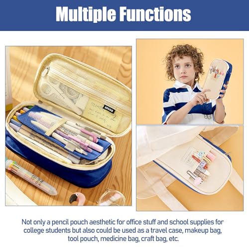 Image of LABUK Capacity Pencil Case Pouch, Cute Big Capacity Zipper Cases Pen Portable Office Stationery Makeup Bag, Desk Organizer for College Adults Women Men (Cotton Blue)