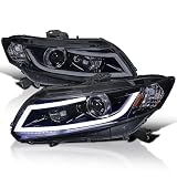 SPEC-D TUNING Glossy Black Smoke Projector Headlights W/LED Light Bar Compatible with 2012-2013 Honda Civic Coupe, 2012-2015 Honda Civic Sedan, Left + Right Pair Headlamps Assembly