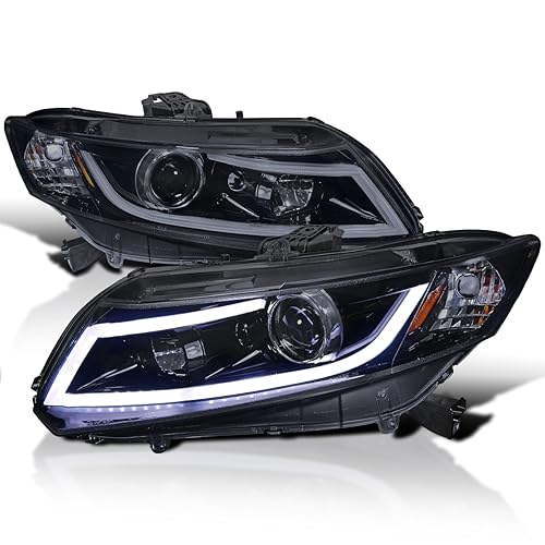 SPEC-D TUNING Glossy Black Smoke Projector Headlights W/LED Light Bar Compatible with 2012-2013 Honda Civic Coupe 2012-2015 Honda Civic Sedan Left + Right Pair Headlamps Assembly