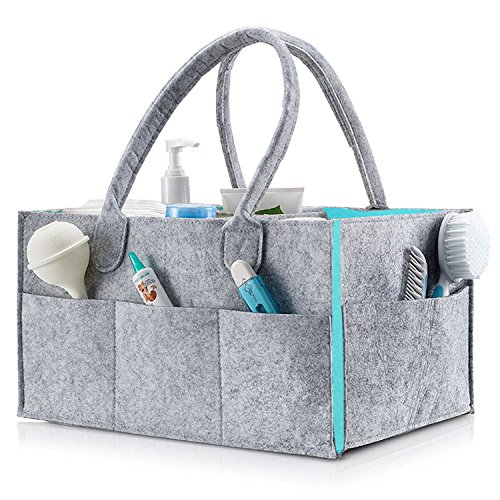 Baby Diaper Caddy Organizer - Portable Large Diaper Caddy Tote - Car Travel Bag - Nursery Diaper Caddy Storage Bin - Gray Felt Basket Infant Girl Boy for Kids - Newborn Registry Must Have