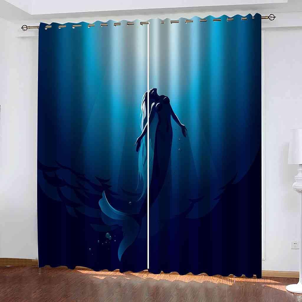 Modern Blackout Curtains with Eyelet 3D Printed Thermal Insulated Window Treatments Blue Ocean Mermaid Living Room Bedroom Window Drapes 2 Panel Set 72" X 108" (2XW52"xL84")