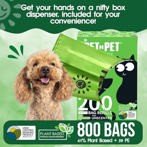 Image of Pet N Pet 800 Counts Unscented Dog Poop Bags Rolls with Tie Handles, 41% Plant Based & 59% PE Poop Bags for Dogs, Extra-Thick Doggie Poo Bag, Pet Waste Bag