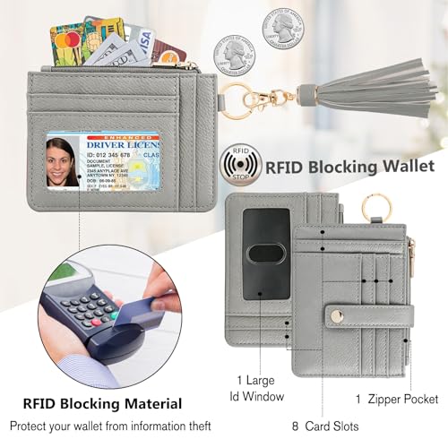 Image of KNGITRYI Wristlet Wallet for Women,RFID Keychain Wallet with Beaded Strap | 8 Card Slots,ID Window,Zipper Pocket,Leather Tassel,Compact Design