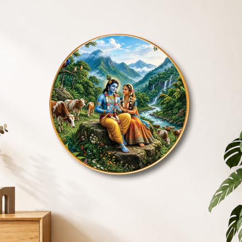 Image of PAINTINGMANTRA Radha Krishna Pichwai painting Framed Wall Art Painting For Living Room, Spiritual Religious Poster with frame for Wall, Decoration item for bedroom & Home, 16 Inch