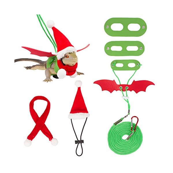 Adoggygo christmas bearded dragon santa hat scarf lizard leash harness set - lizard christmas costume christmas scarf and hat + 3 pack bearded dragon harness leash for reptile christmas (christmas)