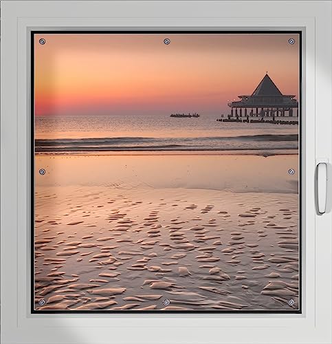 Wallario Lichtschutzbild, Dekorativer Sichtschutz Sonnenschutz 96 x 100 cm mit Motiv: Strand am Abend - Seebrücke am Ostseebad Heringsdorf - Verdunklungsrollo ohne Bohren