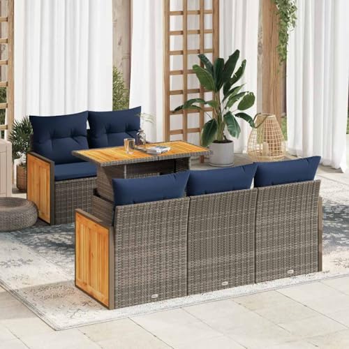 Frdhee Muebles de terraza de jardín, ideal para terrazas, balcones, bordes de la piscina, 6 piezas, sofá de jardín con cojín gris de polirratán de acacia