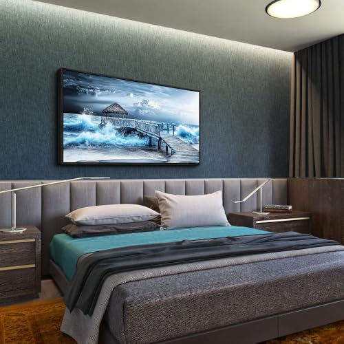 ERQINHUA Large Canvas Wall Art For Living Room Wall Decor For Bedroom Office DecorBlue Wave Landscape Painting Black Frame Artwork For Modern Stretched and Framed Beach Posters Home Decor 30"X60"