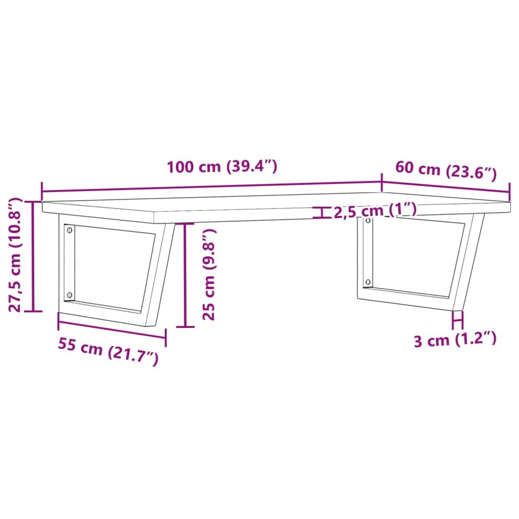 Piano lavabo con supporto in acciaio e rovere massiccio, 100 x 60 x 2,5 cm, montaggio a parete, portata fino a 100 kg, salvaspazio, per bagno e WC degli ospiti