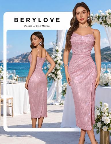 Image of BeryLove Summer Sequin Cocktail Prom Wedding Guest Dresses Sparkly Party Evening Formal Spaghetti Strap Dress
