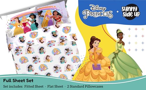 Image of Sunny Side Up Disney Princess Full Sheet Set - 4 Piece Kids Bedding Set Includes Pillow Cover - Super Soft Rainbow Microfiber Sheets Moana, Belle & Rapunzel