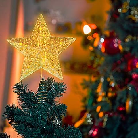 KPCB Tech Christams Tree Toppers Star Glitter Gold Pre-lit with 25 LED Lights Batteries Operated Cover