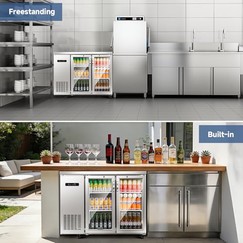 Image of BODEGACOOLER Commercial Cooler with 2 Glass Doors,12 Cu.Ft Stainless Steel Counter Height Back Bar Refrigerator,Display Drink Beverage Fridge for Soda LED Lighting, SUS 304 Stainless Steel Exterior