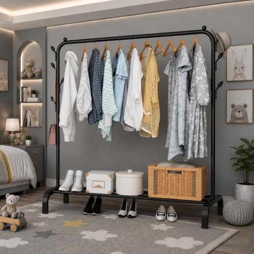 Image of Metal Multifunctional Heavy-Duty Quality Garment Stand Cloth Rack Freestanding Storage Organizer with Bottom Shelves Adjustable Folding Single Pole for Living Room