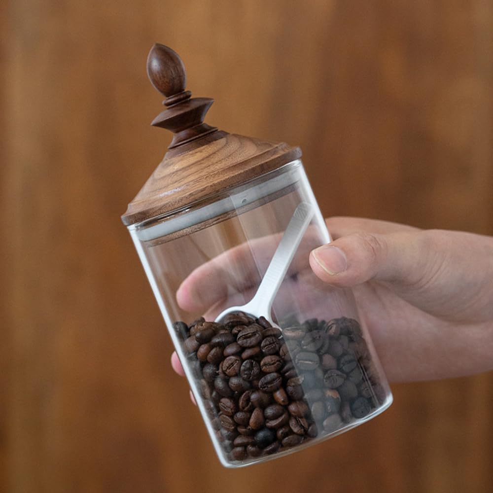Glas-Kaffeebohnen-Glas, luftdichter Retro-Holzdeckel, transparenter Behälter mit Löffel, Küchen-Aufbewahrungsbehälter für Tee, Gewürze und mehr, 550 ml