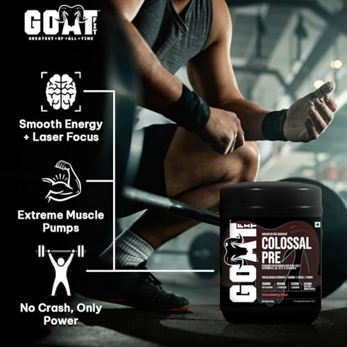 Image of GOAT Fit Colossal Pre | PreWorkout Powder 200mg Caffeine 3.5g Beta-Alanine 3g Citrulline 1.5g Arginine 1g Creatine with Himalayan Pink Salt (180gm - 15 Servings, Masala Lemonade)