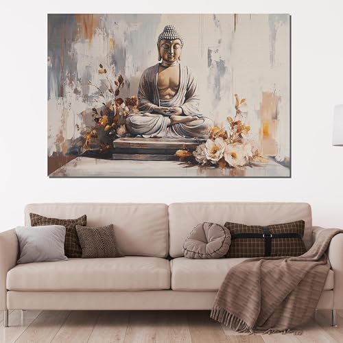 Tableau Bouddha zen 50x75cm avec peinture à l'huile sur toile et fleurs de méditation