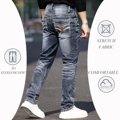 Men's Rough Thread Classic Embroidery Slim Four Seasons Stretch Jeans4