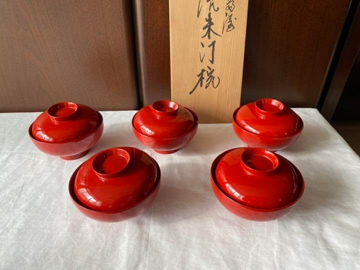 河和田塗　御吸物椀　溜塗　菊の葉　5客入り　箱入り 河和田塗 御吸物椀 溜塗 菊の葉 5客入り 箱入り 河和田塗 御