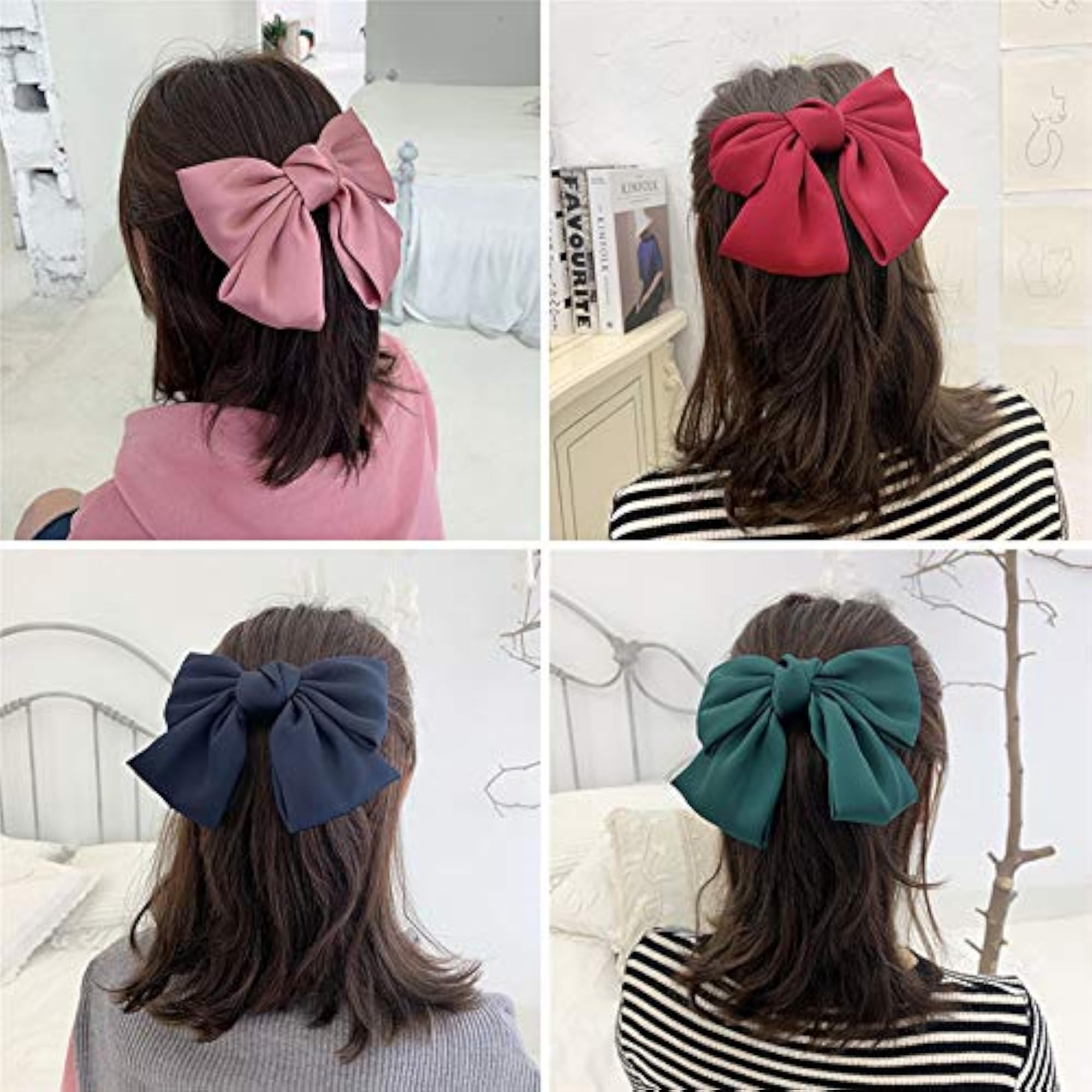 Set Of 6 Large Satin Silk Hair Bow Clips