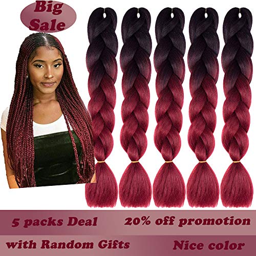 MYCHANSON Synthetic Braiding Hair 24 Inch Black Wine Red Ombre Color Jumbo Twist
