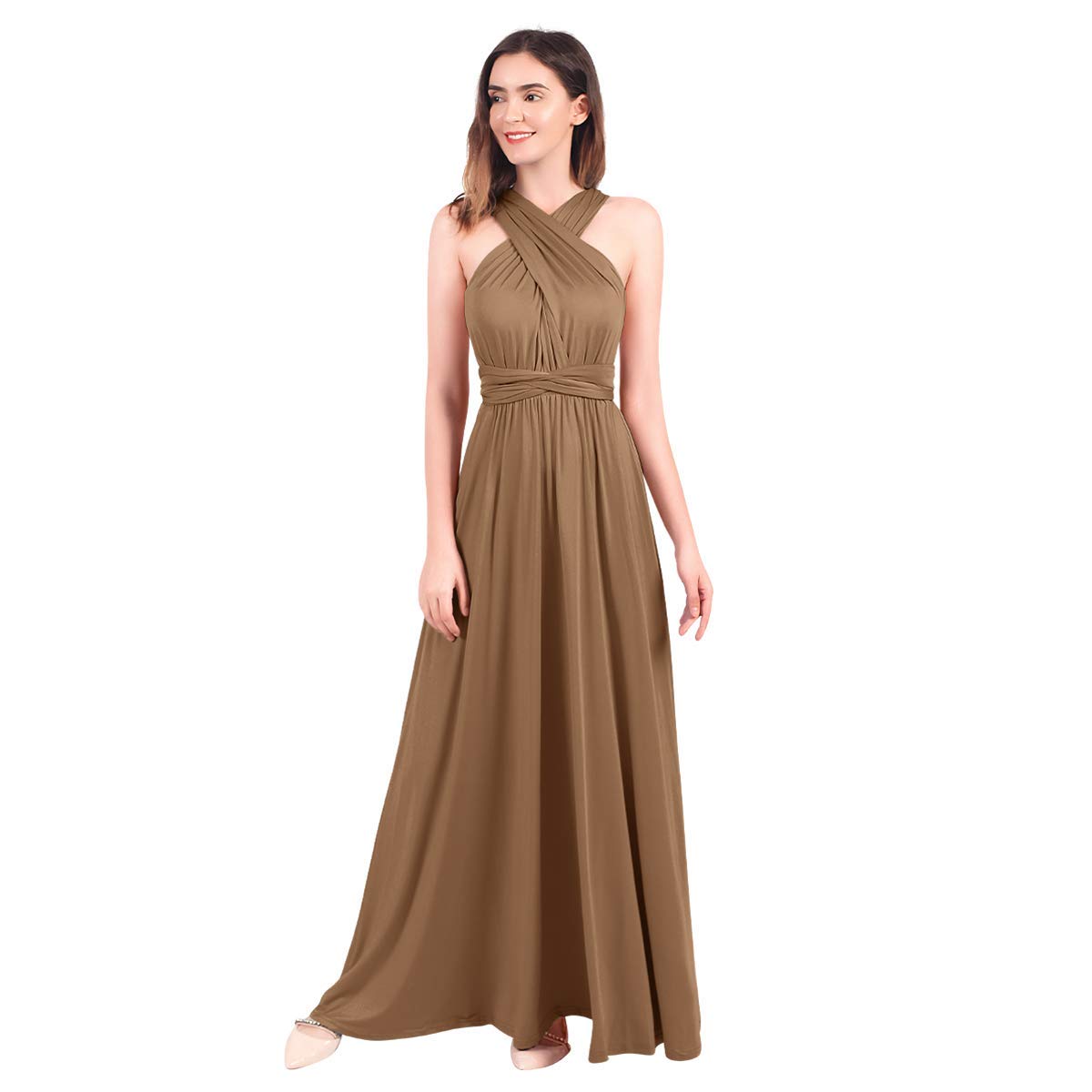 Womens Sexy Convertible Multi Way Wrap Transformer Solid Cocktail Off Shoulder Wedding Bridesmaid Evening Long Maxi Dress Floor Length Bandage Pageant Prom Ball Gowns Brown L