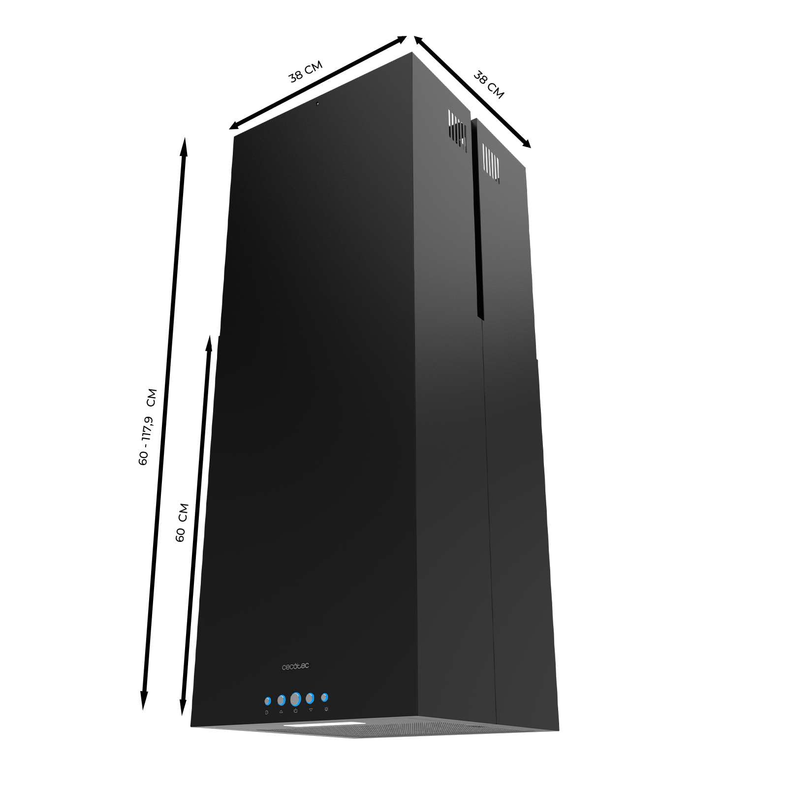 Cecotec Cappa Aspirante a Isola 38 cm - Cappa Cucina. Bolero Flux ICT 388000 Black A++ 210W, Cappa 38cm Acciaio inox nero, Flusso d'Aria 800m3/h, A++, Touch, LED, Carbonio Ø176, alluminio 5 strati