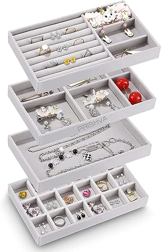 Finaxo Velvet Jewelry Drawer Trays, jewellery organizer, Earring Organizer Stackable Jewelry Display Trays, Box Ring Holder Necklace Case, Storage for Bracelet Watch, jewellery box, Set of 4