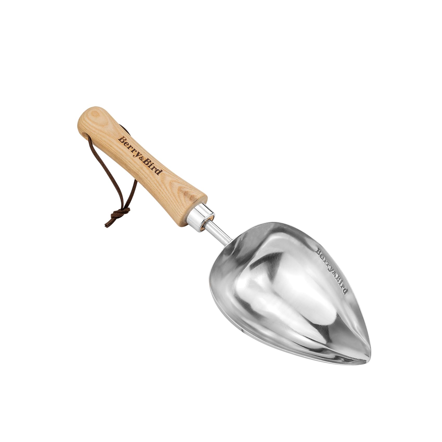 Berry&Bird Stainless Steel Heart Shaped Potting Scoop, Polished Metal Scoop with Ergonomic Wood Handle, Extra-Deep Garden Trowel for Mixing Fertiliser Transplanting Transporting Soil