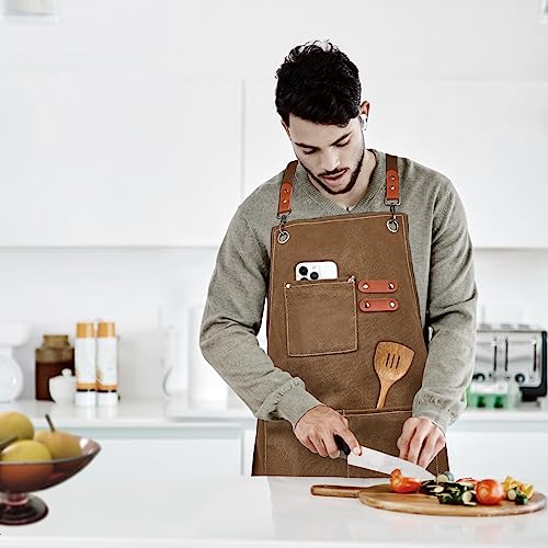 Canvas Work Aprons for Men with Pockets,Adjustable Strap and Large Pockets Apron,Kitchen Cooking Baking Chef Apron (Brown) - Image 6