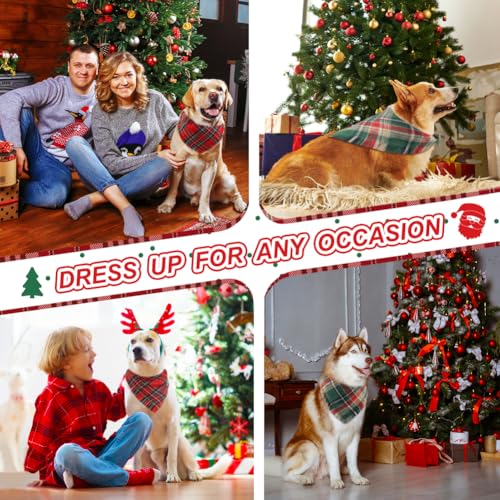 Vivifying Dog Christmas Bandana with Tassels Edges, 2 Pack Classic Plaid Triangle Pet Apparel &amp; Accessories, Funny Holiday Dog Scarf Costume for Photo Prop, and Party Decor (X-Large, Red&amp;Green)