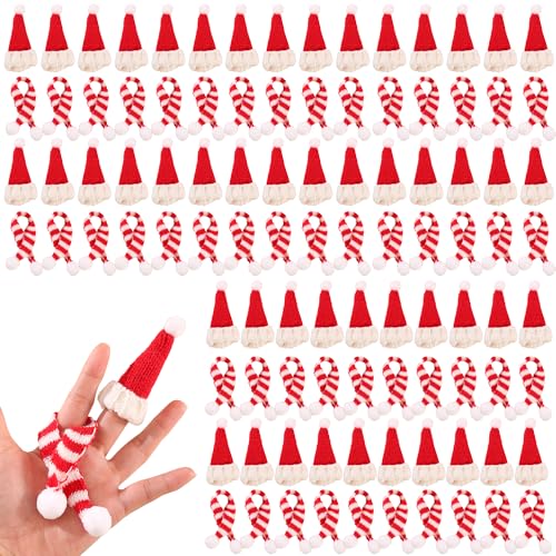 JITUIHOM100PCS Red Mini Hats and Scarves Sets Mini Knitted Finger Hats DIY Handmade Gifts Crafts Doll and Snowman Hat Decorations Wine Doll Accessories Gift Decorations