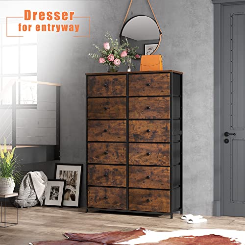 Enhomee Tall Dressers For Bedroom, 12 Drawer Dresser With Wooden Top And Metal Frame, Fabric Dresser & Chest Of Drawers For Bedroom Closet Living Room, Rustic Brown, 11.8" D X 34.7" W X 52.4" H #TOP7