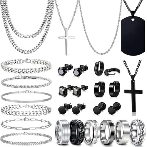 GIFIKOI 30Pcs Jewelry Set for Men Stainless Steel Band Ring Cuban Link Chain Necklace and Bracelet Cross Dog Tag Pendant Necklace Hoop Stud Black Earrings Mens Fashion Jewelry Set Ring Size9