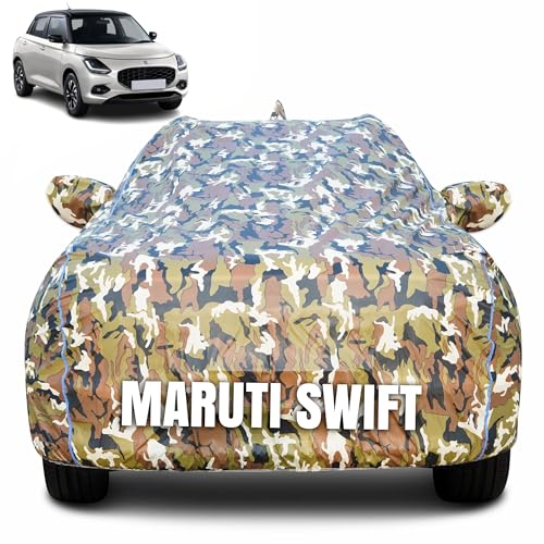 Image of 100% Waterproof Car Body Cover for Maruti Suzuki Swift (2024) with Mirror Pocket (Heat & UV Resistant, Triple Stitched, Soft Lining, Bottom Elastic & Piping) Camouflage, Military Print