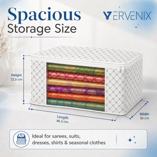 Image of VERVENIX Saree Cover Pack of 12, White Triangle Pattern Clothes Storage Bags with Zipper & Clear Window, Dustproof Wardrobe Organizer for Suits, Sarees, Dresses & Shirts