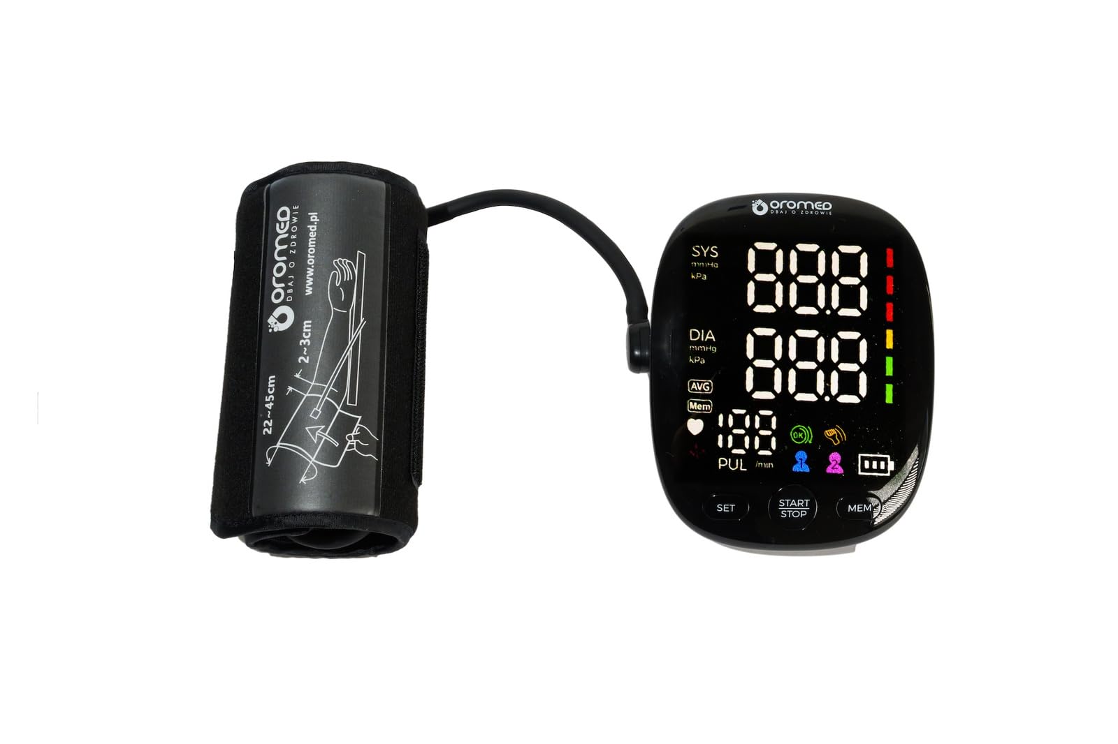 Oromed ORO-N12 SMART - Tensiómetro electrónico de brazo con pantalla LED, detección de arritmias, 2 x 120 ranuras de memoria, USB y batería, apagado automático