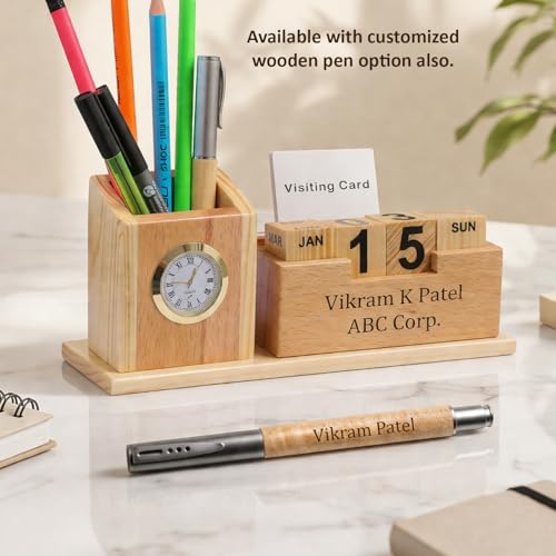 Image of Deskart Customized Multipurpose Pen Holder Stand | Premium Wooden Desk Organizer with Clock, Flip Calendar, Business Visiting Card and Mobile Holder