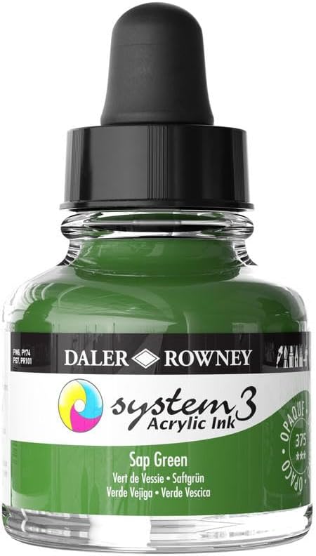 Daler-Rowney System3 Acrylic Ink Bottle Sap Green 29.5ml - Versatile Acrylic Ink for Artists and Students - Opaque Calligraphy Ink for Drawing Illustrating Airbrushing Dip Pen Ink and More