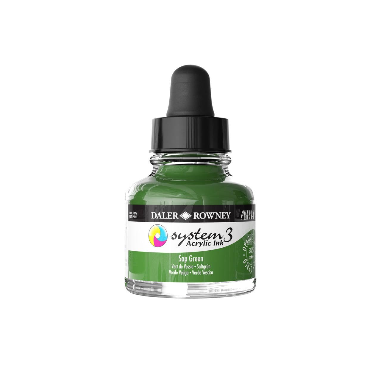 Daler-Rowney System3 Acrylic Ink, Glass Bottle with Dropper, Opaque, 1oz - 29.5 ml, Sap Green, 375 Sap Green, 8 ml