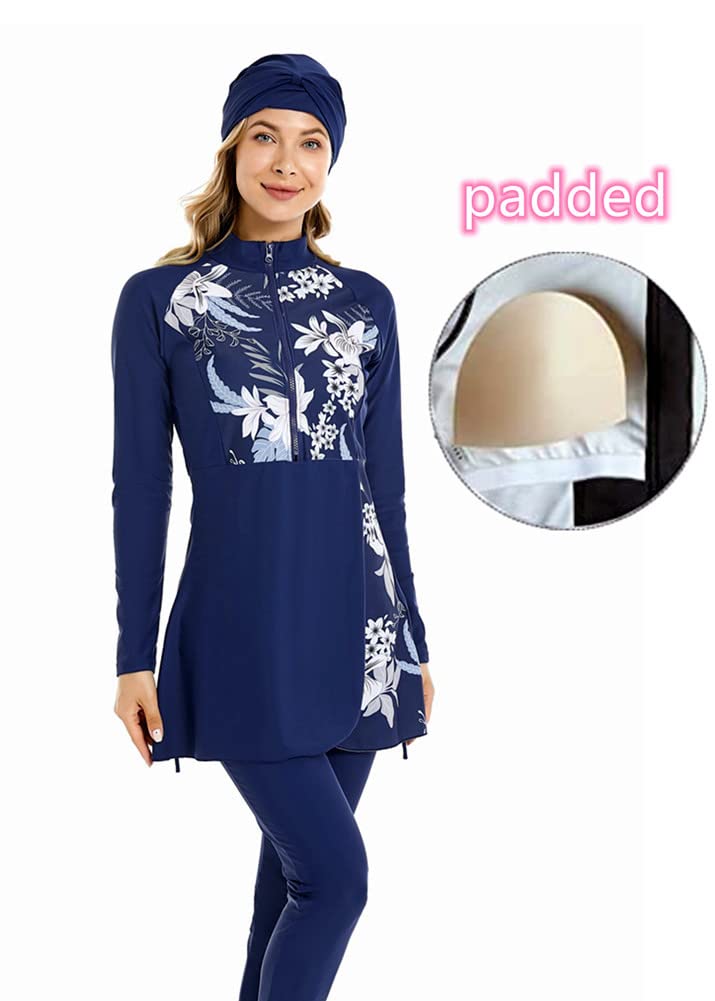 Costume da Bagno Musulmano Modesto da Donna Patchwork Hijab Sport Costume da Bagno a Maniche Lunghe Costume da Bagno Islamico Burkinis