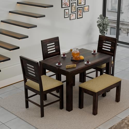 Image of 45 Inch Length Solid Sheesham Wood 4 Seater Dining Table Set | Four Seater Dinner Table with 3 Cushions Chairs & 1 Bench | Dinning Table Set 4 Seater for Living Room |Walnut Finish