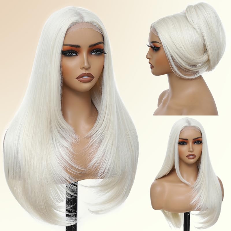 Synthetic Lace Front Wig 5x4x1 Platinum Blonde Wig for Black Women 26 Inch HD Lace Hand Tied Pre Plucked Long Straight Wigs for Beginner Friendly (Platinum Blonde)